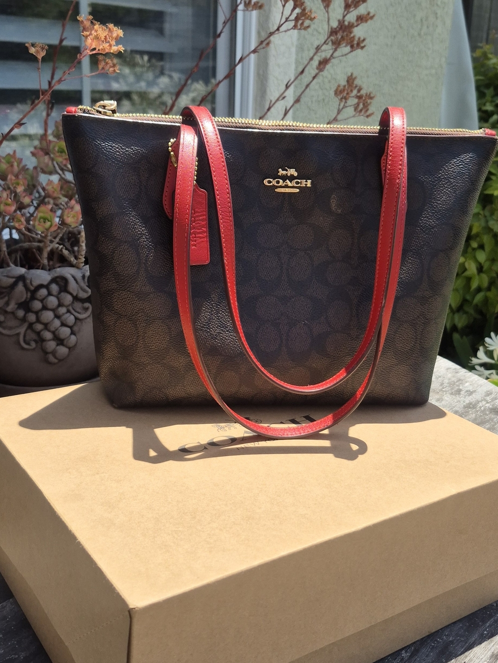 COACH Signature Canvas Tote with Red Trim